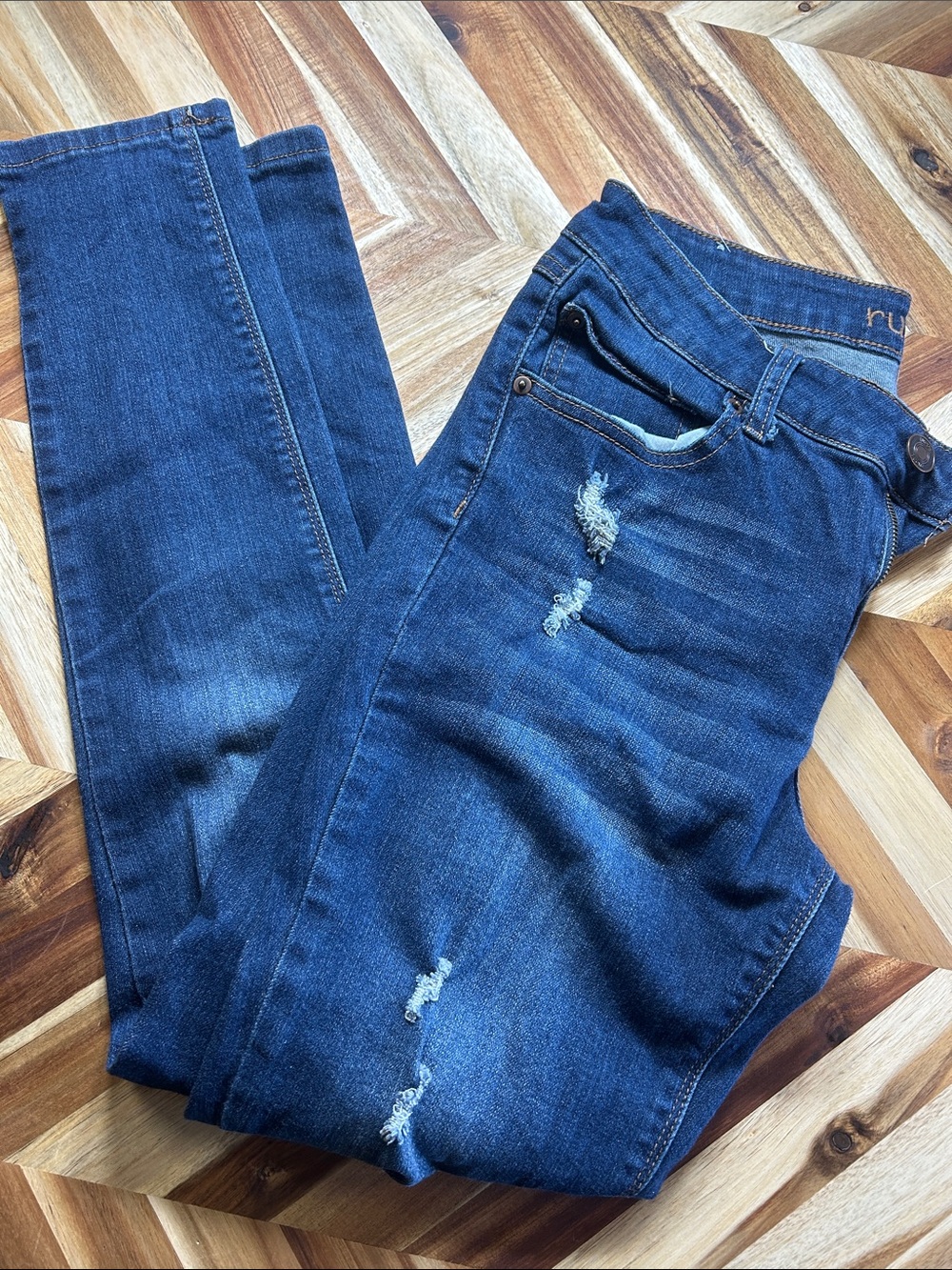 Rue21 Women's Dark Blue Skinny Jeans with Distressed Detail